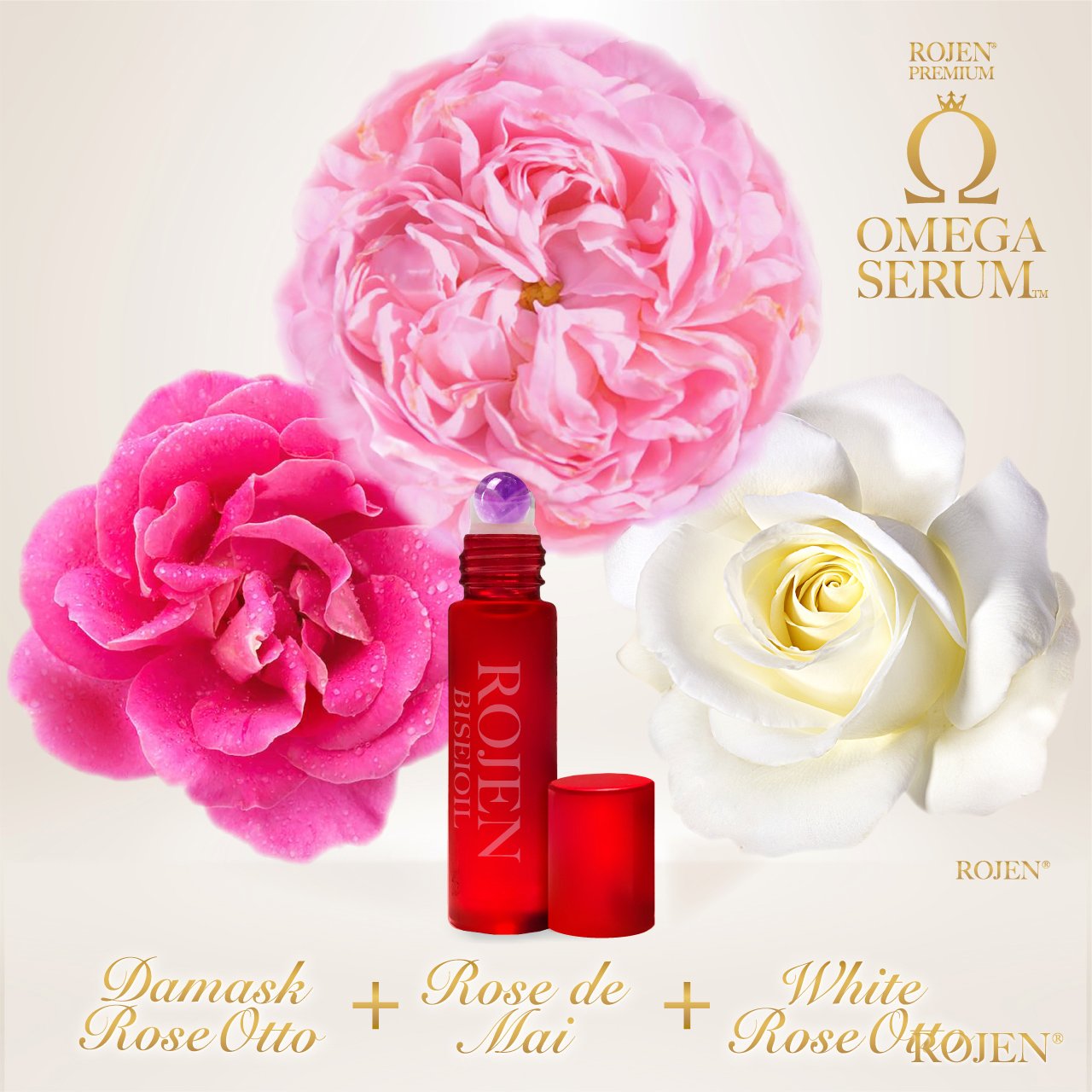 ROJEN BISEIOIL® with Damask Rose Otto, Rose de Mai, and White Rose – Japan’s organic anti-aging Omega serum infused with three rare hydrogen-distilled roses.