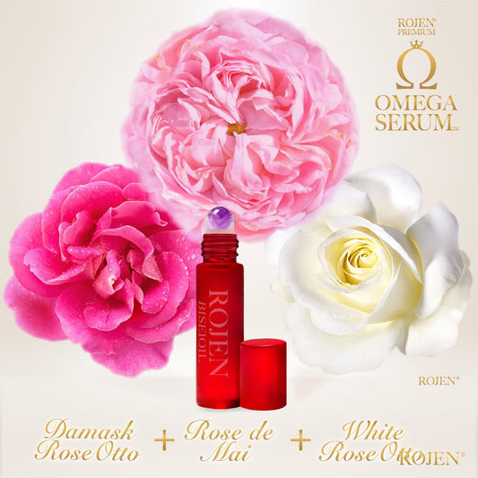 ROJEN BISEIOIL® with Damask Rose Otto, Rose de Mai, and White Rose – Japan’s organic anti-aging Omega serum infused with three rare hydrogen-distilled roses.
